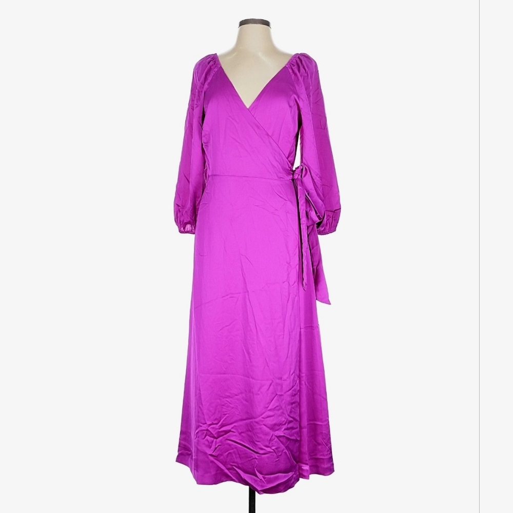 Ann Taylor Fuchsia Wrap Maxi Dress with Long Puff Sleeves